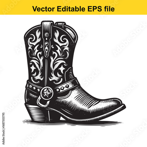  detailed black and white illustration of a cowboy boot isolated on white background