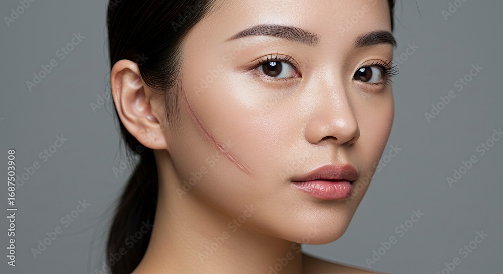Naklejka premium A young lightskinned Asian woman with a prominent facial scar on her right cheek