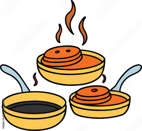Stack of pancakes cooking in frying pan with steam vector illustration vector