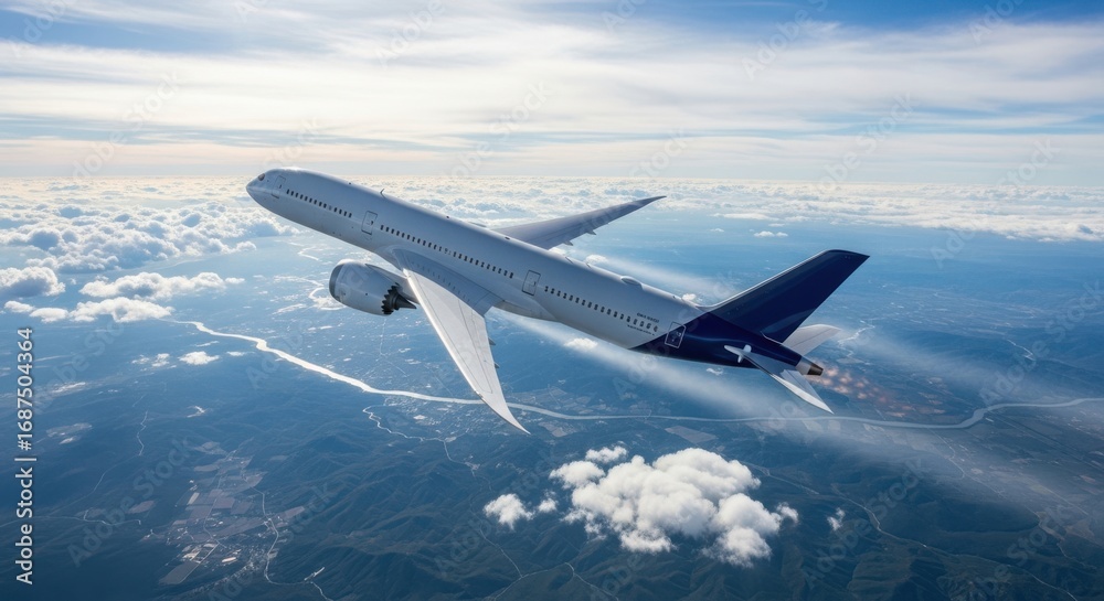 Fototapeta premium Modern Passenger Jet Aircraft Soaring Through the Sky Above the Clouds