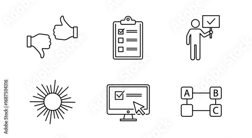 Six line drawings featuring thumbs up, clipboard, person with sign, sun, monitor, and diagram