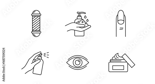 Line drawings depicting hygiene, grooming, and personal care related symbols and icons set up nicely