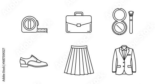 Outline icons depicting briefcase, skirt, shoe, suit jacket, tape measure, and makeup compact