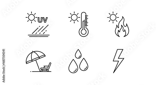 Collection of weather icons including sun uv rays thermometer fire water drops and lightning bolt