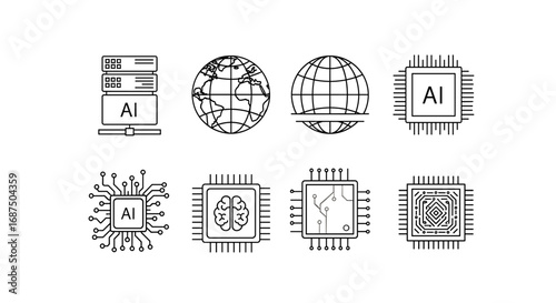 Outline icons depicting artificial intelligence, servers, and global network connections shown