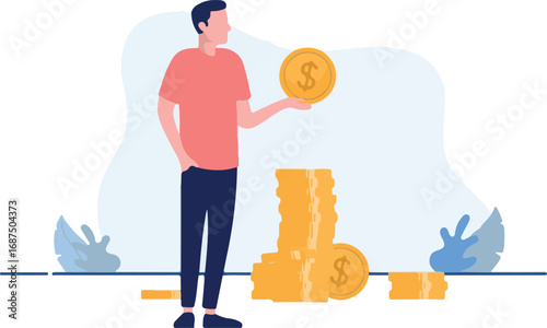 Man with money - Vector illustration of relaxed casual man with hand in pocket holding dollar coin and making money. Flat design with white background