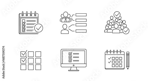 Collection of six line art icons depicting schedules tasks and organization of people and work flows