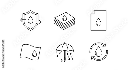 Collection of line art icons depicting water protection and related concepts in a clean layout