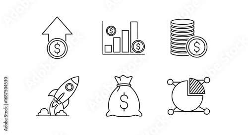 Line art icons depicting financial growth, rocket launch, and a bag of money symbols displayed