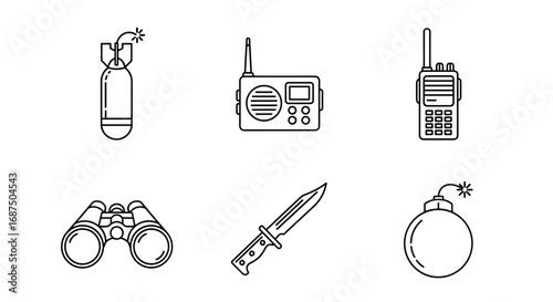 Line art illustration of military equipment including bombs radio binoculars and a knife design elements
