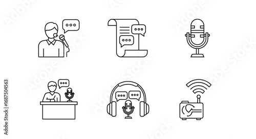 Line drawings of podcasting elements including microphones speakers and wireless broadcasting device