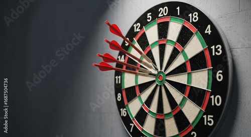 Close-up of a dartboard with multiple darts embedded in the bullseye and scoring sections capturing a moment of successful aim and precision in a game.