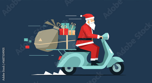 Santa Claus Delivering Presents on a Scooter with a Big Bag of Gifts for the Holiday Season