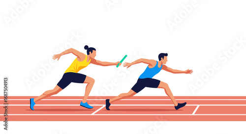 Athletes in a relay race on a track passing the baton during a competition for sporting event excellence