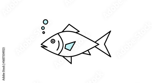 Simple Line Art Illustration of a Fish Swimming Underwater with Bubbles Floating Upward