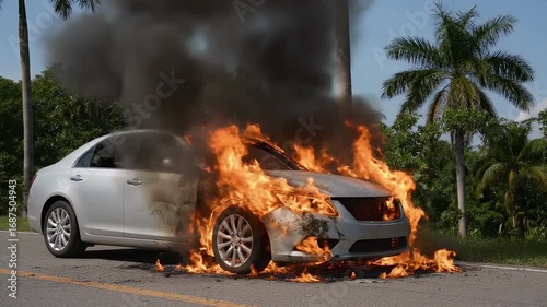 Car On Fire With Flames And Smoke On The Road
