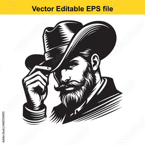  illustration of a cowboy with a beard and hat, isolated on white background