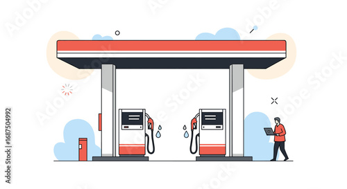 Modern Fueling Station with Two Pumps and a Person Using a Laptop for Operations