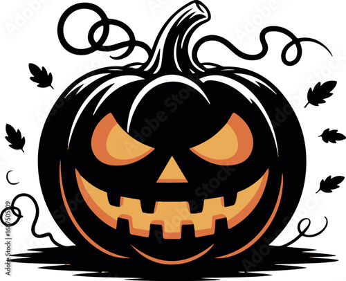 Black Halloween pumpkin with orange carved face and leaves