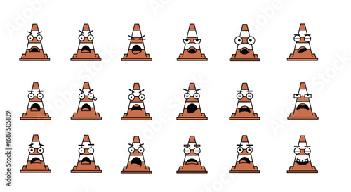 Expressive Orange Traffic Cones with Diverse Facial Emoticons and Unique Character Expressions