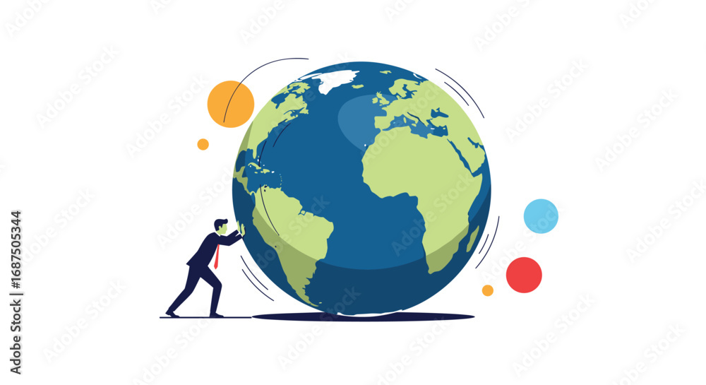 Naklejka premium Businessman pushing the planet earth representing global business challenges and economic growth opportunities for worldwide corporations and entrepreneurs