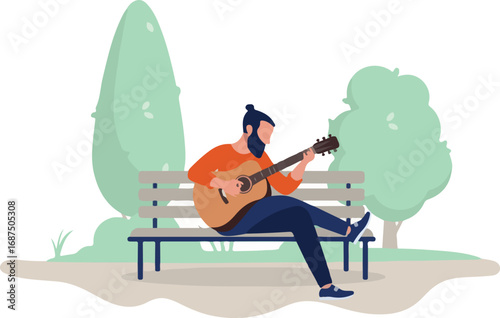 Man playing guitar outdoors on park bench - Person sitting with musical instrument practicing and playing music alone in park and nature. Flat design vector illustration on white background