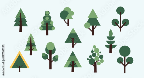 A Variety of Stylized Geometric Trees and Forest Elements Rendered in Flat Design Style