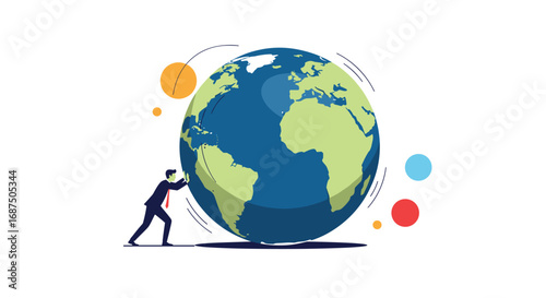 Businessman pushing the planet earth representing global business challenges and economic growth opportunities for worldwide corporations and entrepreneurs