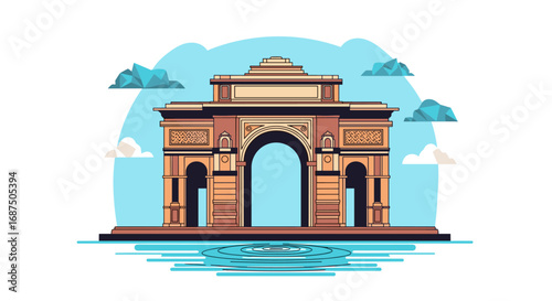 Iconic Indian Gateway Monument Reflecting in Water Under a Blue Sky