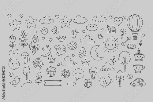 Whimsical doodle collection a charming assortment of hand drawn illustrations featuring celestial bodies flora fauna and everyday objects in a playful sketchy style