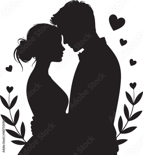 Black silhouette couple embracing with hearts and leaves