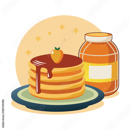 Flat vector illustration of delicious pancakes with honey and strawberry on a plate vector