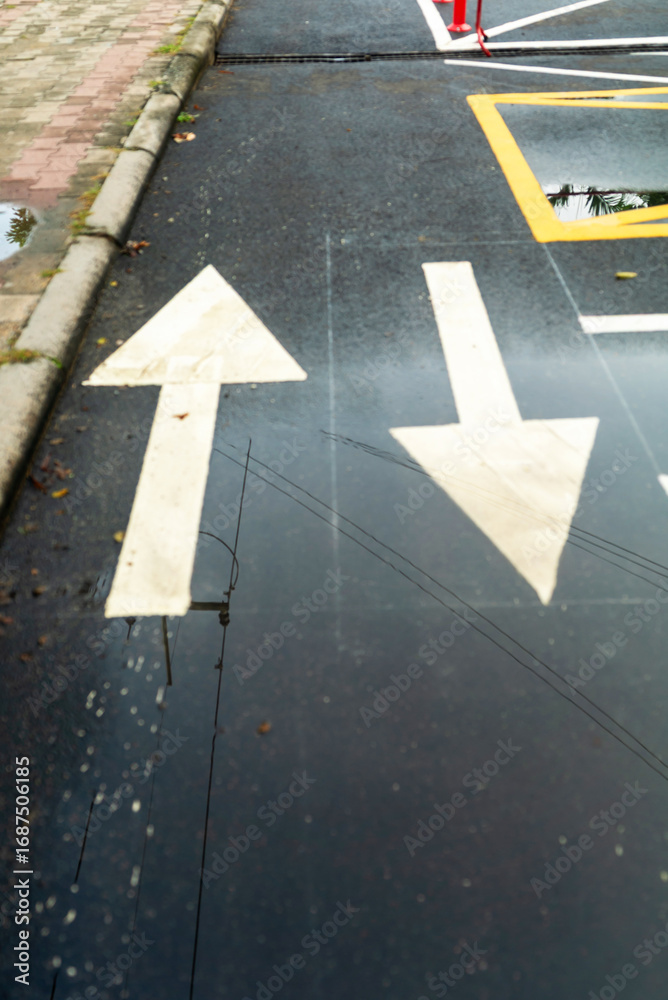 Fototapeta premium Directional Arrows on Wet Pavement Surface