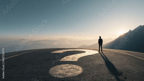 business person looking at road with question mark sign concept no logos no brands ar 169
