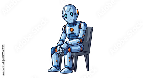 Cartoon Robot Sitting on a Chair, Relaxing with a Calm Expression.