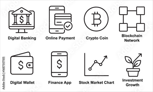 Collection of financial technology icons representing digital banking online payments cryptocurrency blockchain technology digital wallet stock market and investment growth concepts.