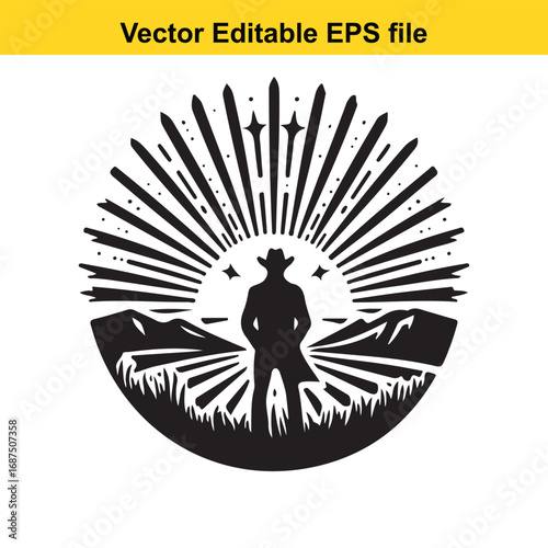  silhouette of a cowboy standing in a circular emblem with sun rays