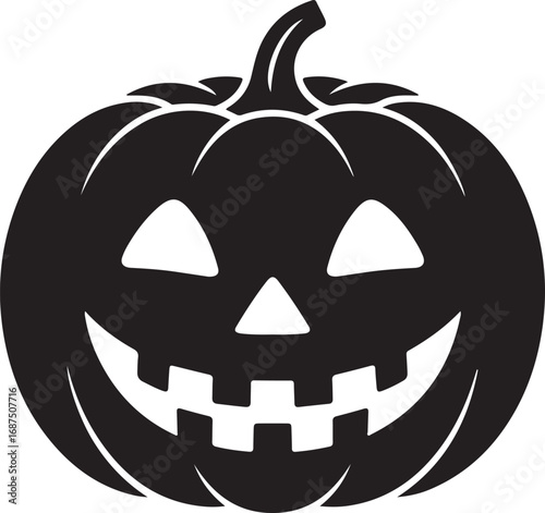 Black silhouette of a smiling jack o lantern on white background