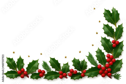Christmas corner border with holly leaves, red berries and golden stars, on transparent background