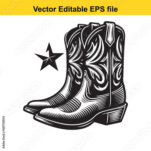  vintage cowboy boots with star isolated on white background