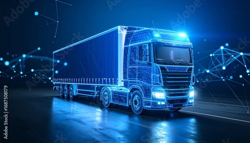 Futuristic semi-truck, digital lines, dark background