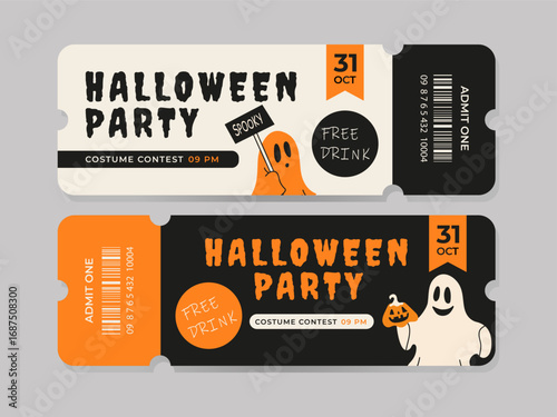 Halloween tickets set. Spooky festive ticket design with cute ghosts. Flat vector illustration for party invitation, celebration banner, flyer, or poster.