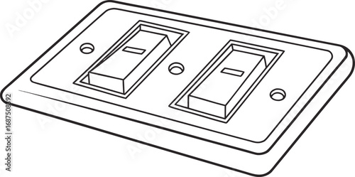 Black and white illustration of a double light switch with two rectangular toggle switches and screw holes on a white background