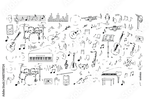 Intricate black and white sketch of musical notation and instruments overlapping in a chaotic yet harmonious composition