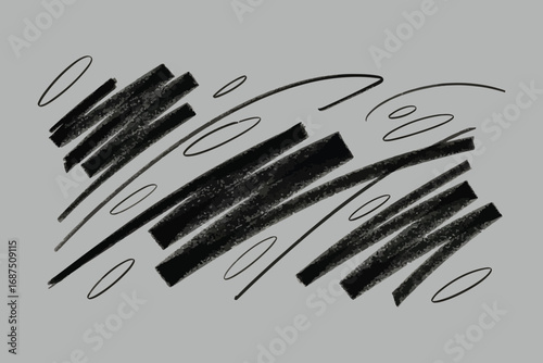 Abstract black scribble strokes and oval shapes on a solid gray background minimalist artistic texture