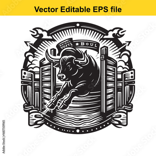 bull running out of a gate, vector illustration, isolated on white background