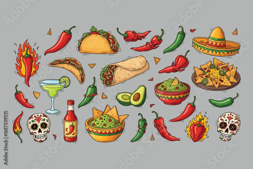 Vibrant collection of authentic mexican food and festive symbols illustrating a lively culinary celebration