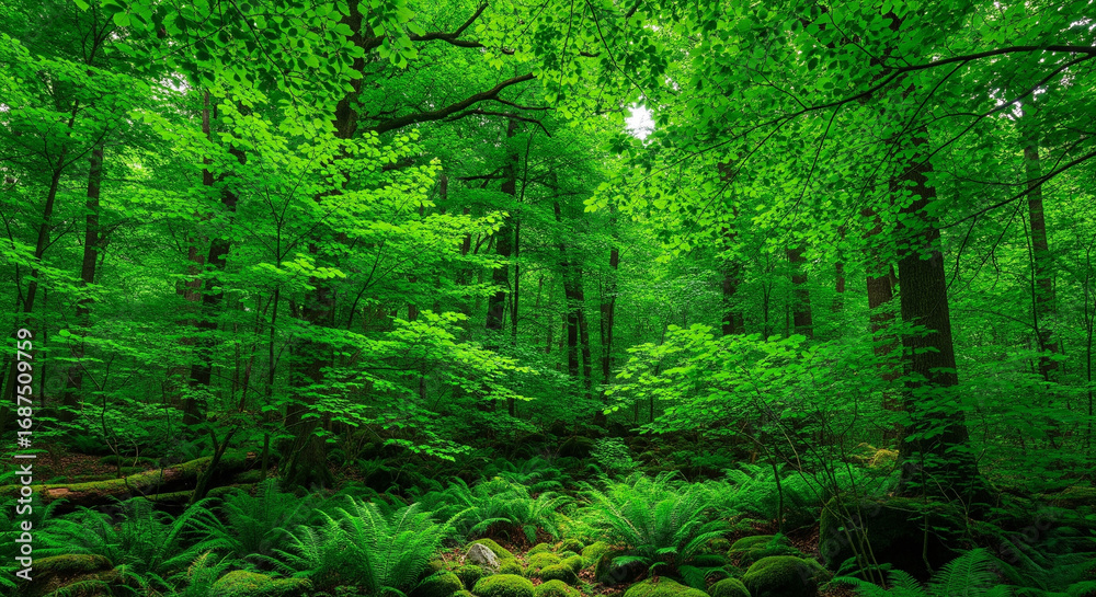 Obraz premium Dense Lush Green Forest Interior with Rich Vegetation and Natural Light