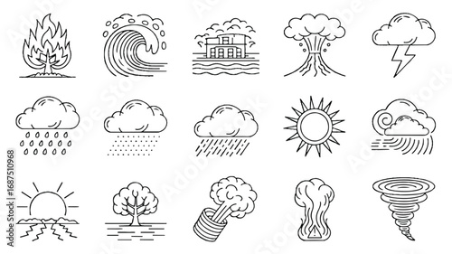 Collection of environmental disaster vector line icon set representing climate change and natural hazards