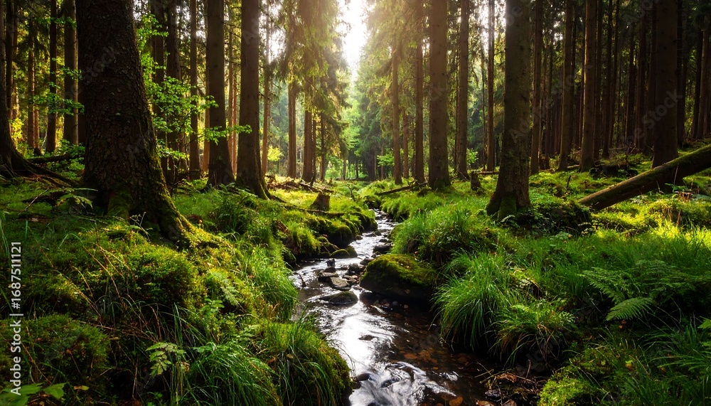 Obraz premium Sunlight streams through a lush forest, illuminating a small creek (1)